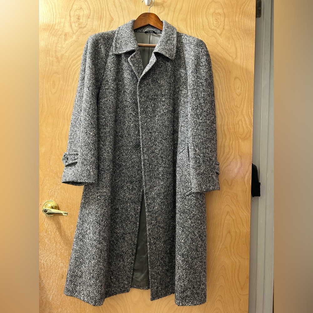 Vintage Wool Nubby Tweed Black White Gray Raglan Overcoat Balmacaan Medium